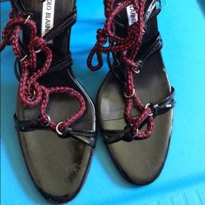 Manolo Blahnik red and black lace up heels
